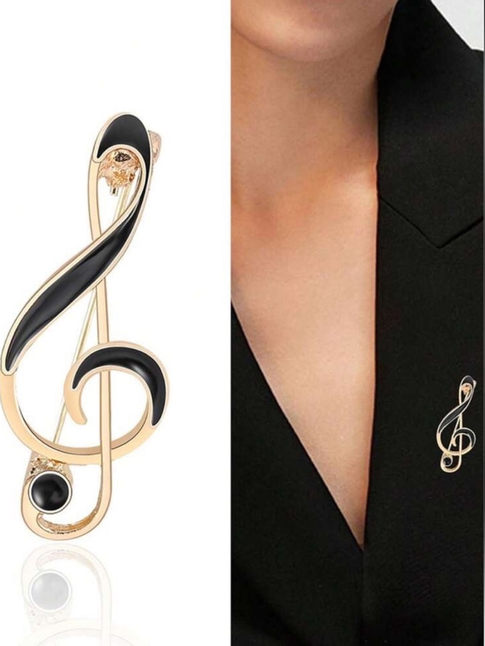 Gold and Black Treble Clef Pin Brooch - Picture 2 of 2
